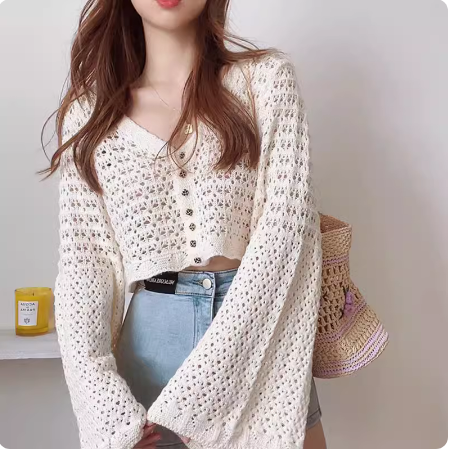 Knitted cardigan for women in summer thin short bell sleeve French hollow crochet pattern with suspender ice silk blouse spring