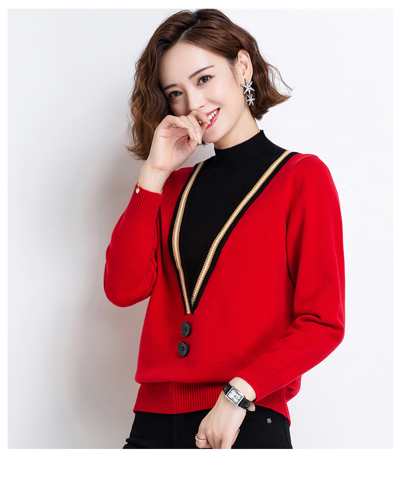 半高領紅色毛衣女士2024年新款加厚加絨假兩件上衣打底衫秋冬