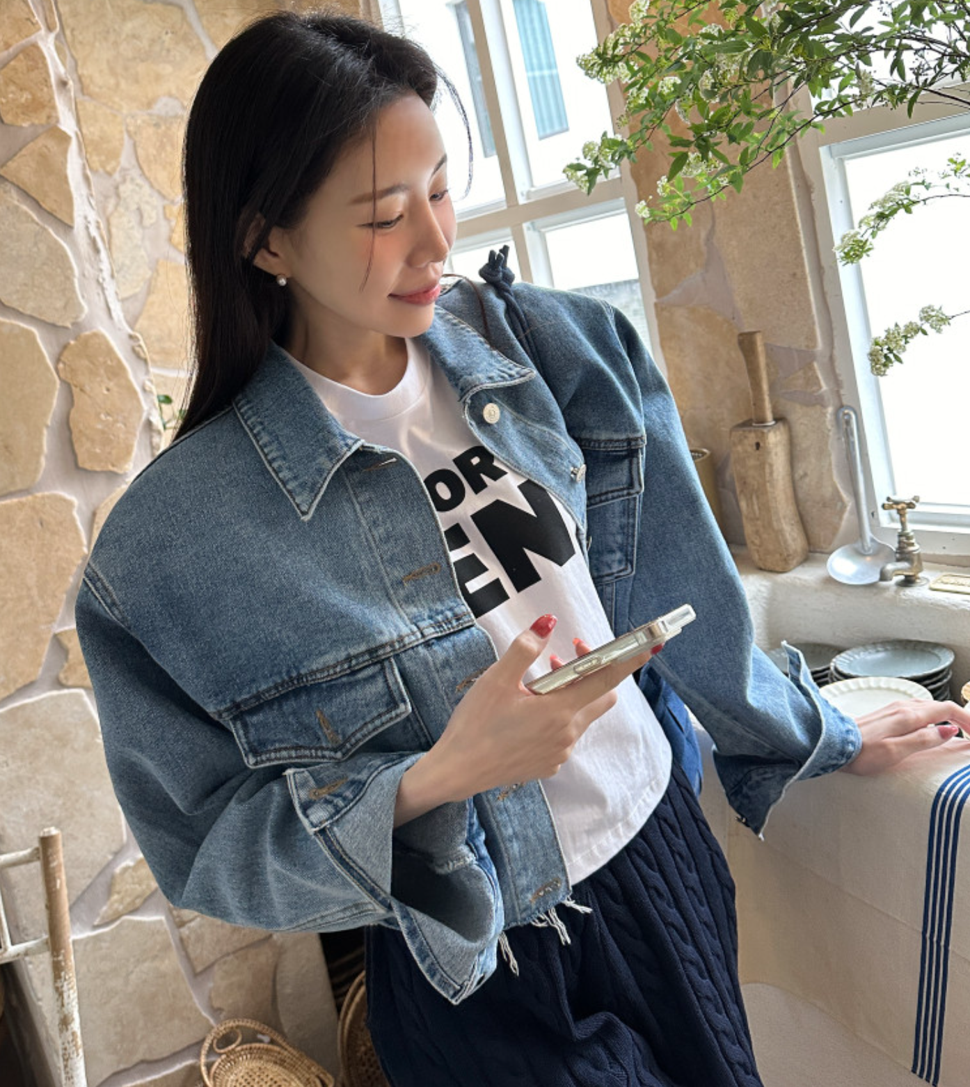 單排扣毛邊牛仔外套