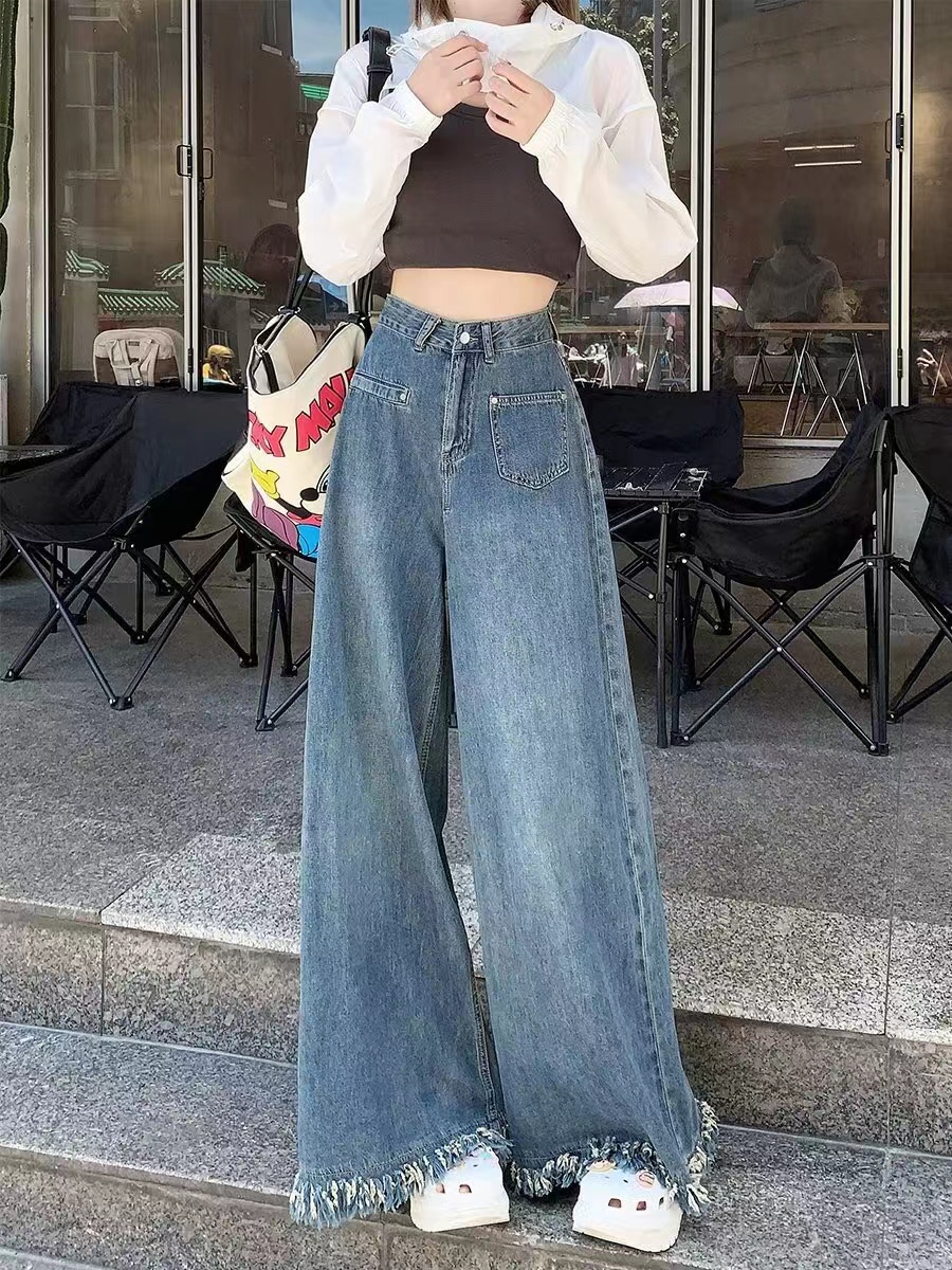 大碼女裝復古闊腿牛仔長褲女新款秋季高腰毛邊寬鬆垂感直筒