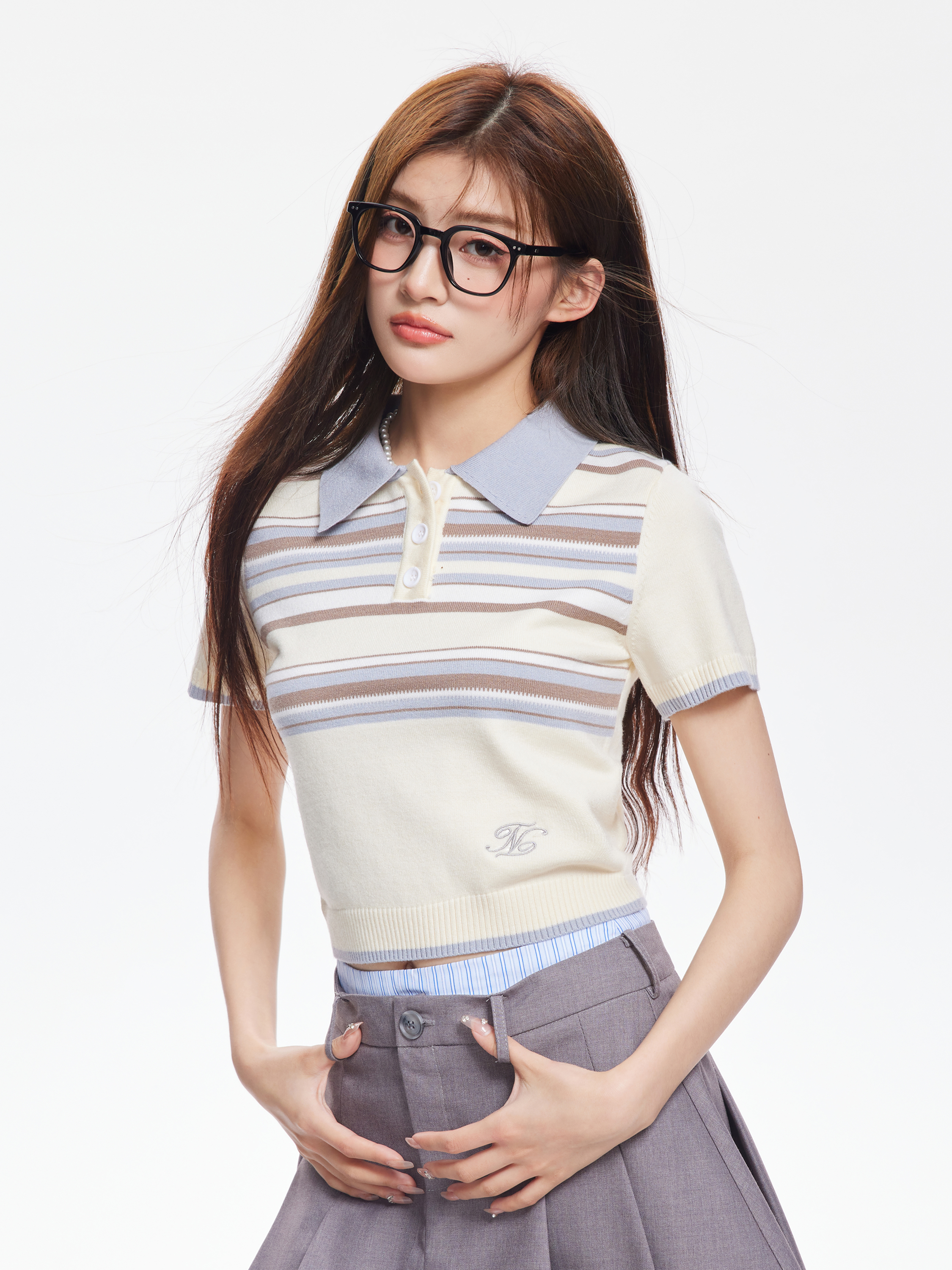 美式復古多巴胺新款辣妹粉色條紋polo短款上衣女夏正肩短袖t恤女