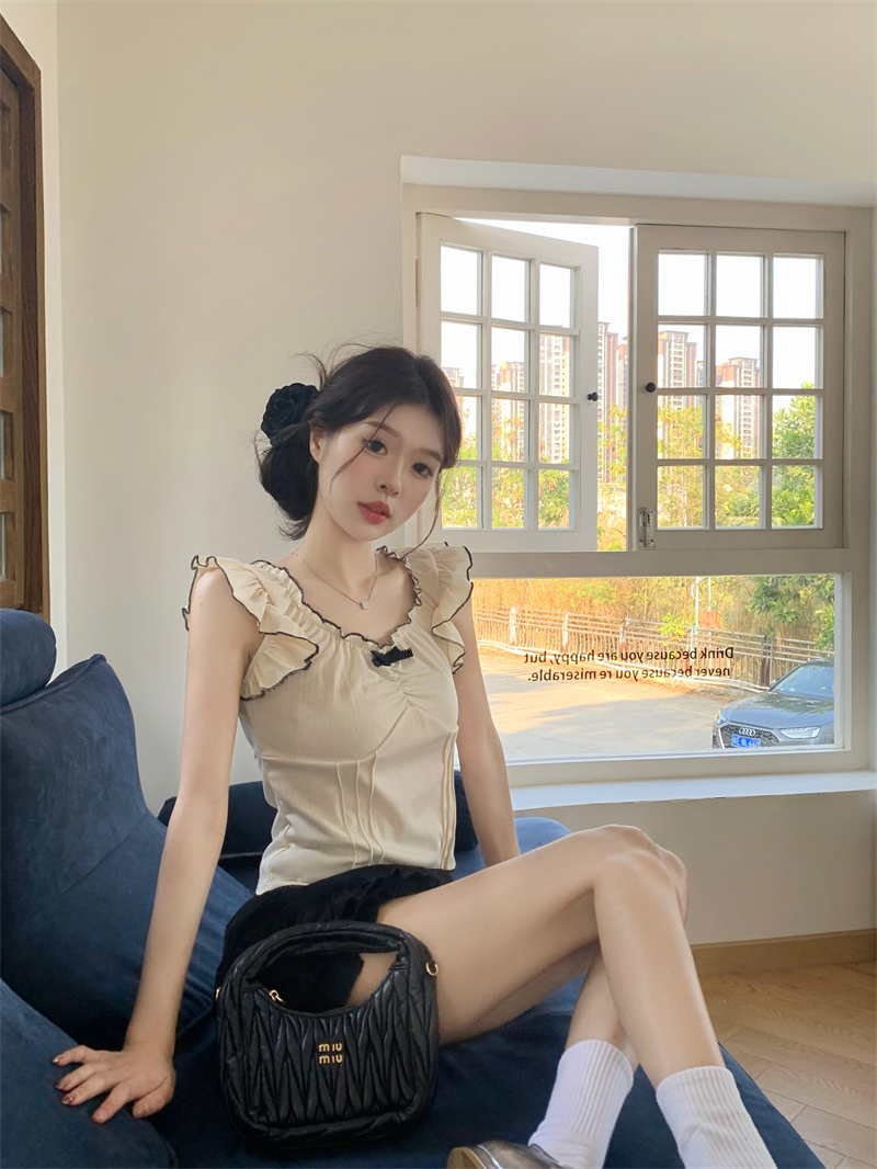 實拍 夏季新款法式甜美小飛袖設計感蝴蝶結木耳邊短款T恤上衣