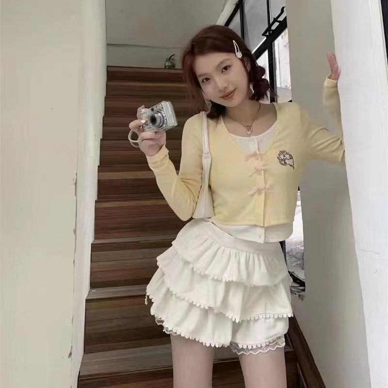 2*2坑條原版做法繡花蝴蝶結假兩件長袖T恤女