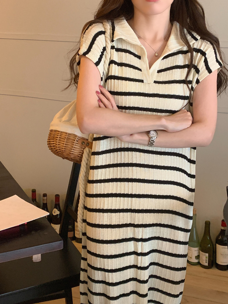 實拍 復古慵懶風 撞色條紋polo領短袖針織裙長款連衣裙