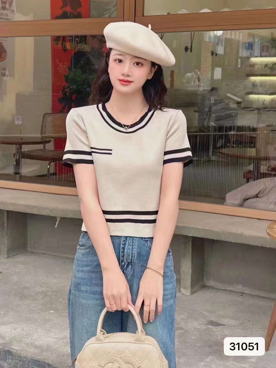 夏季新款設計感法式氣質圓領拼色百搭短袖上衣女