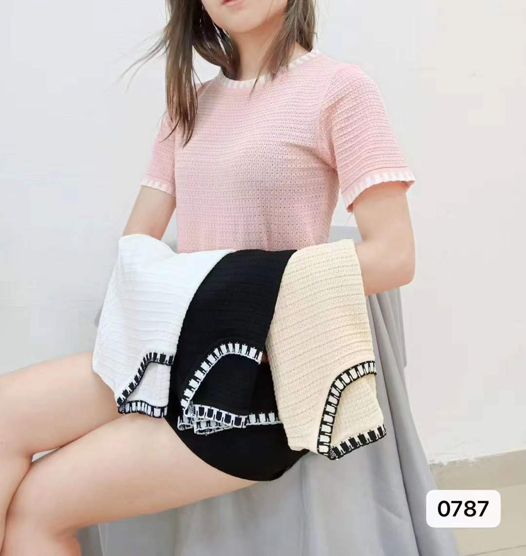 夏季新款實拍小香風圓領撞色鏤空短袖上衣女