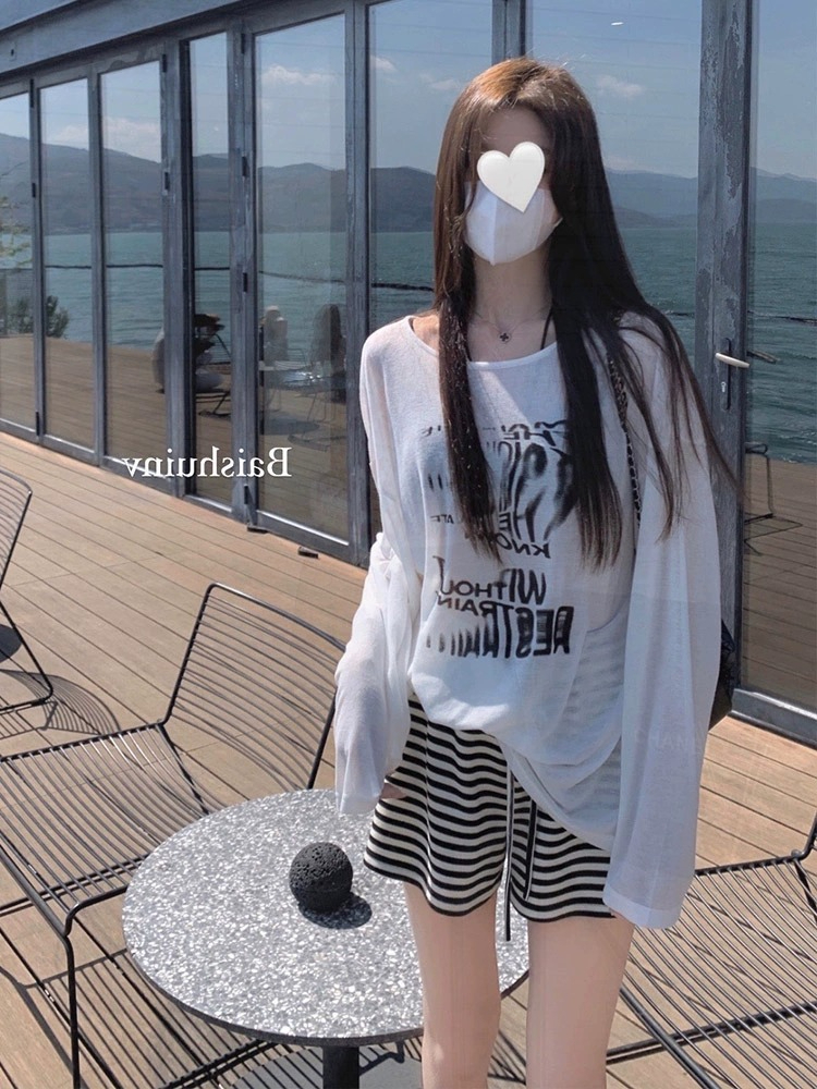 Lazy style loose printed long-sleeved T-shirt for women summer mid-length thin vest with sun protection shirt gray top