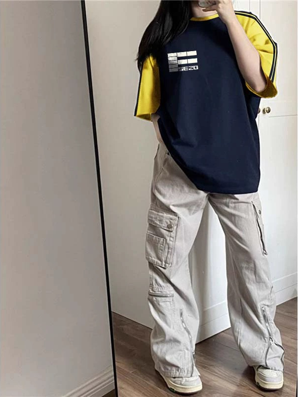 藏青黃美式復古字母拼色條紋短袖女2024夏季寬鬆插肩袖T恤衫上衣