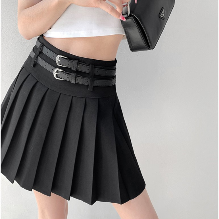 美校學院風雙腰帶設計高腰百褶裙女夏季半身裙辣妹顯瘦A字短裙潮