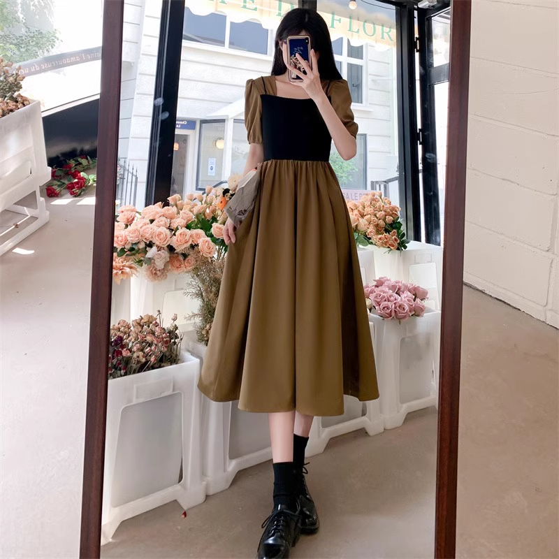 Hepburn style square neck short-sleeved dress Korean style chic autumn new fashion splicing fake two-piece summer joint