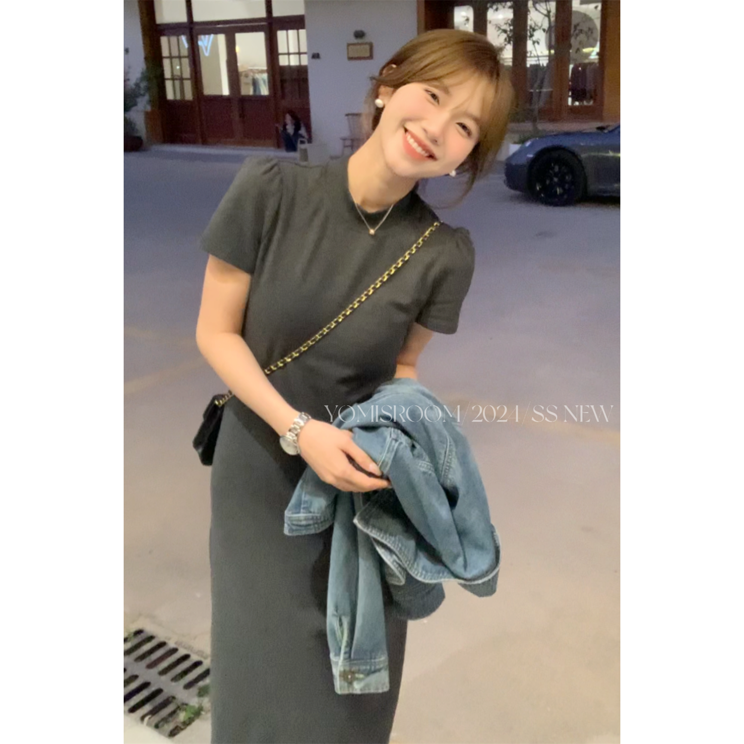 喲米YOMI海德日記早春新中式黑色連衣裙女小個子圓領氣質長裙