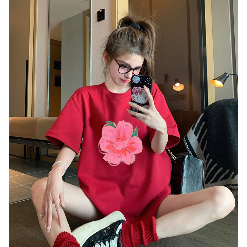 首發230克純棉精梳緊密落肩款潮牌寬鬆印花純棉短袖t恤女