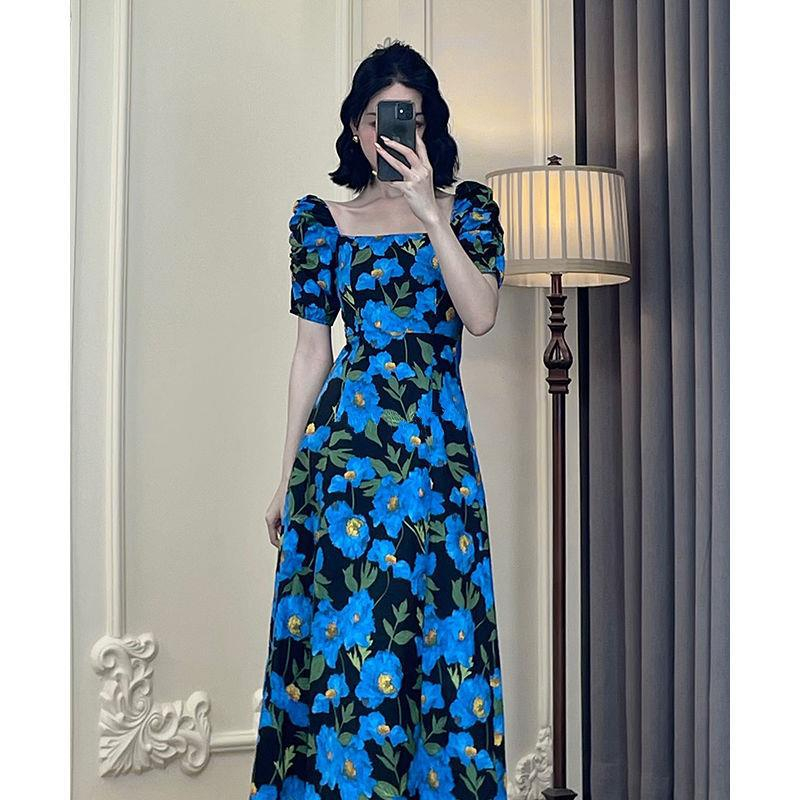 French Hepburn style printed dress for women summer European and American style sexy slit holiday dress for ladies with puff sleeves and floral dress