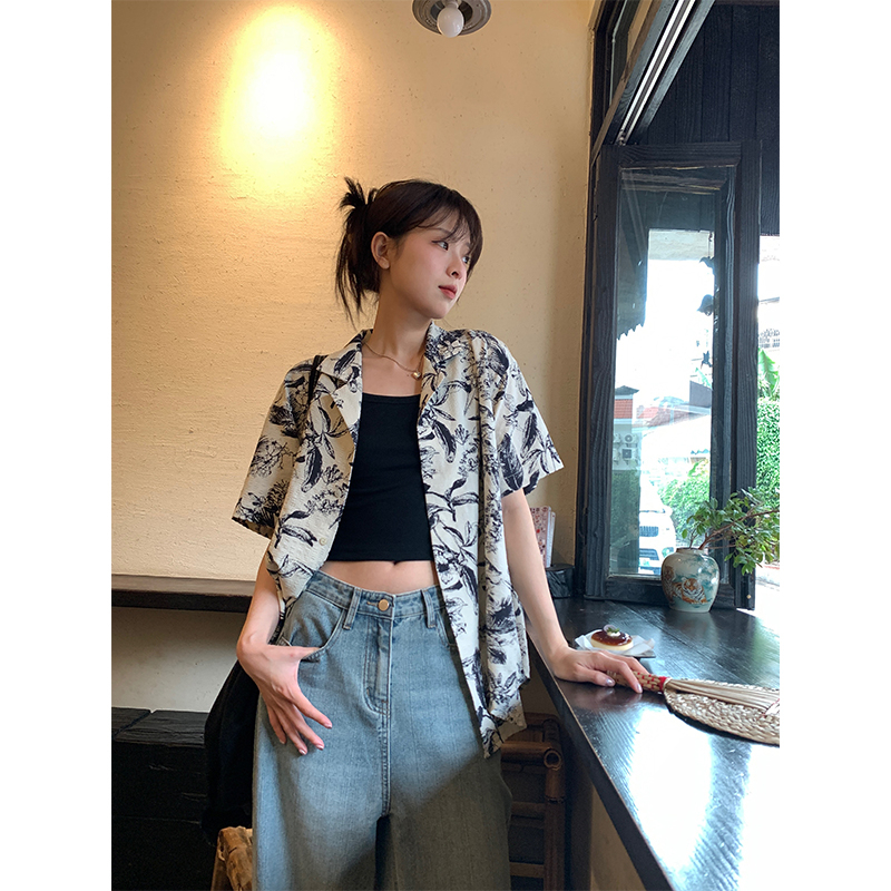 2024夏季新款短袖襯衫國潮女水墨畫印花小眾oversize韓版半袖上衣
