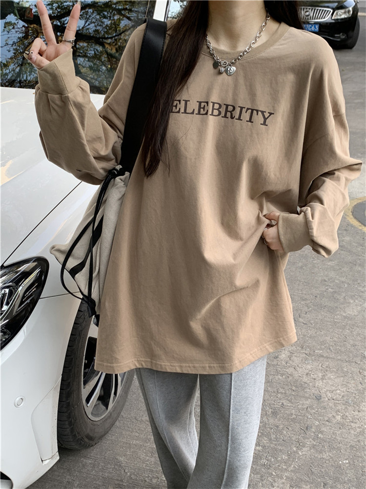 實拍 春季新款印花長袖T恤女韓版寬鬆薄款中長款休閒女上衣