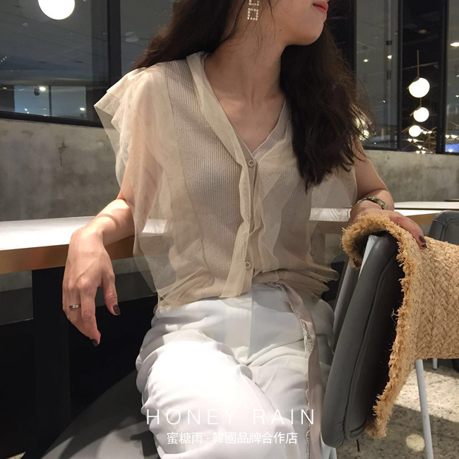 冰絲背心新款韓國u me時尚網紗拼接V領單排扣無袖針織衫