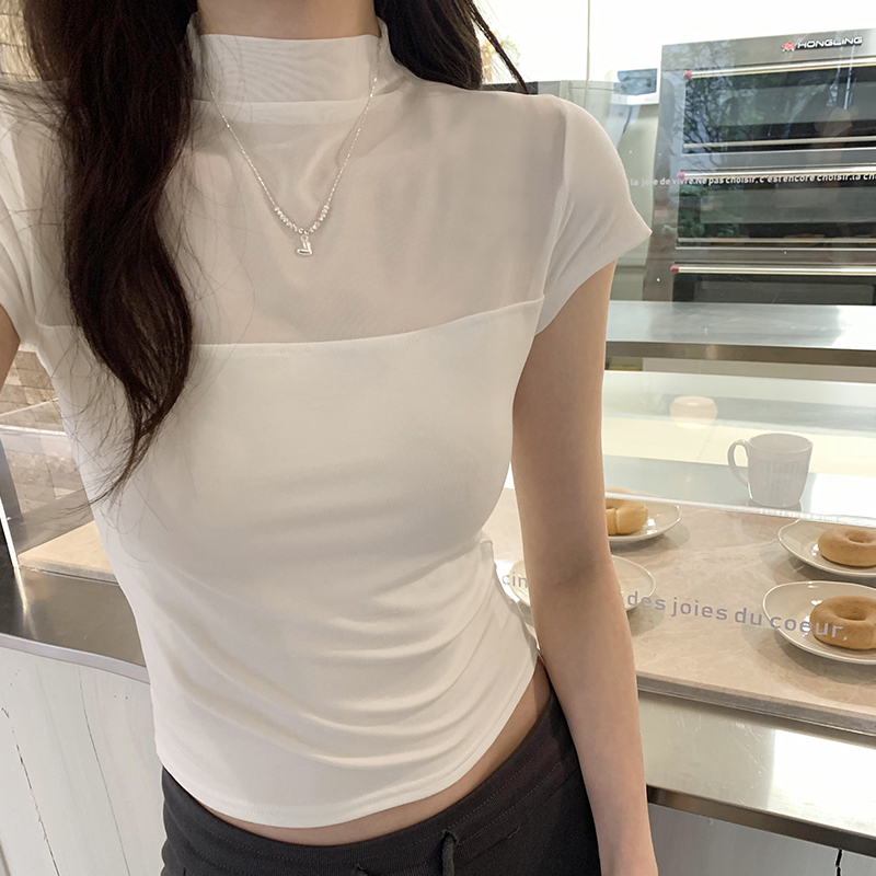 實拍圖韓系別致上衣女2024春夏新款辣妹洋氣網紗拼接立領短袖T恤