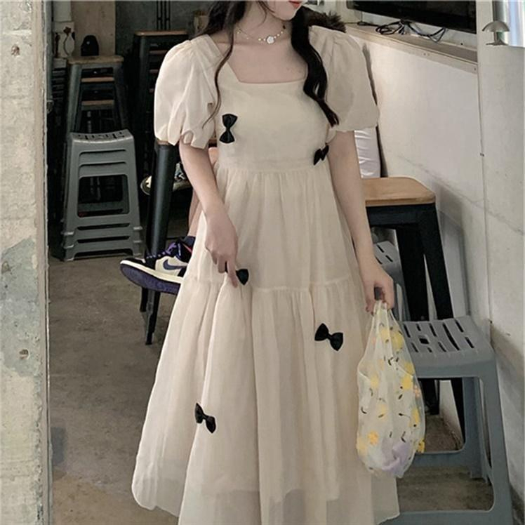 法式復古溫柔風連衣裙長款2024夏季顯瘦甜美蝴蝶結泡泡袖仙女裙子