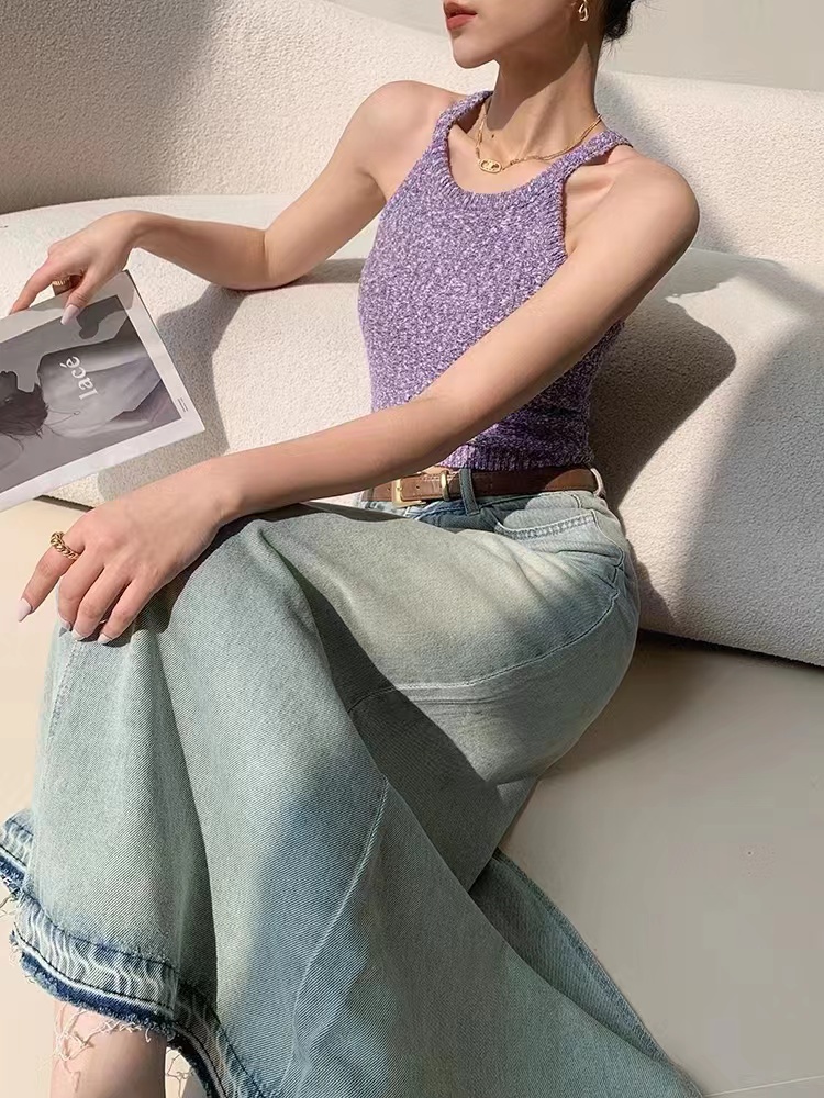 甜辣妹露肩短款針織吊帶背心女夏季新款外穿修身顯瘦設計感