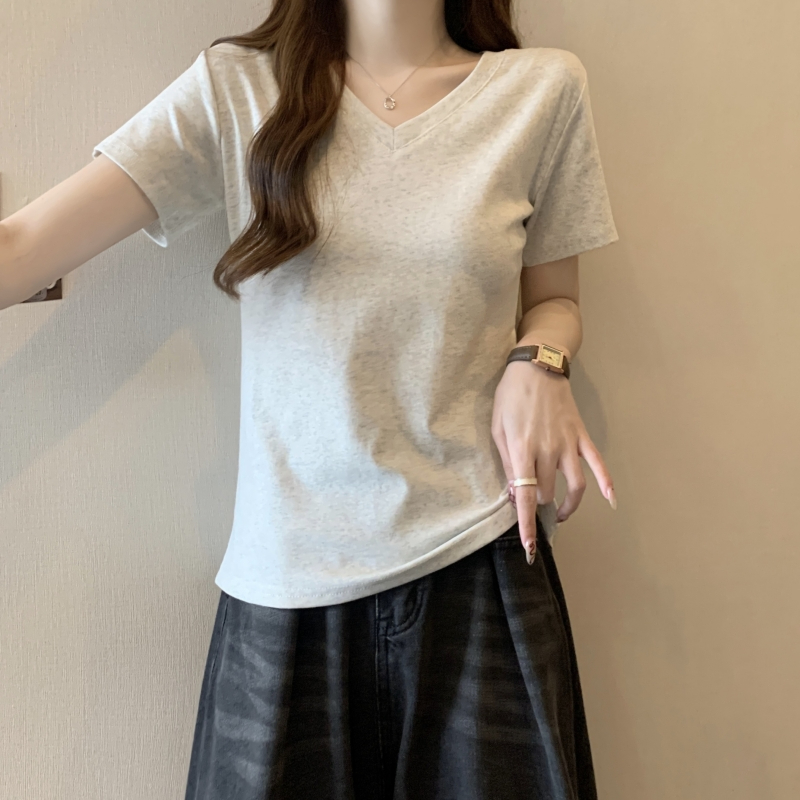 實拍  40支純棉 2024夏裝正肩V領短袖t恤女打底衫