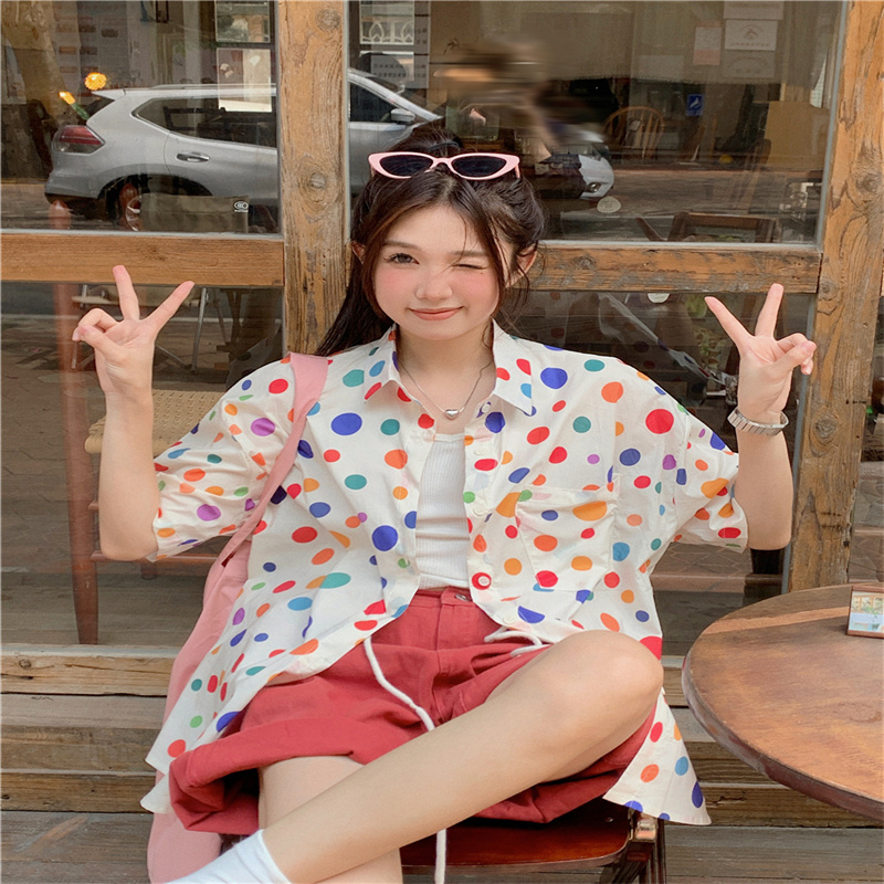 彩色波點襯衫外套女夏季新款寬鬆休閒襯衣短袖顯瘦上衣