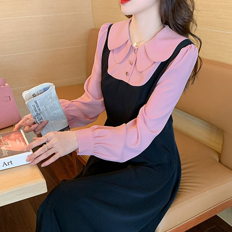 春季 法式春秋設計感假兩件娃娃領連衣裙女收腰顯瘦長裙