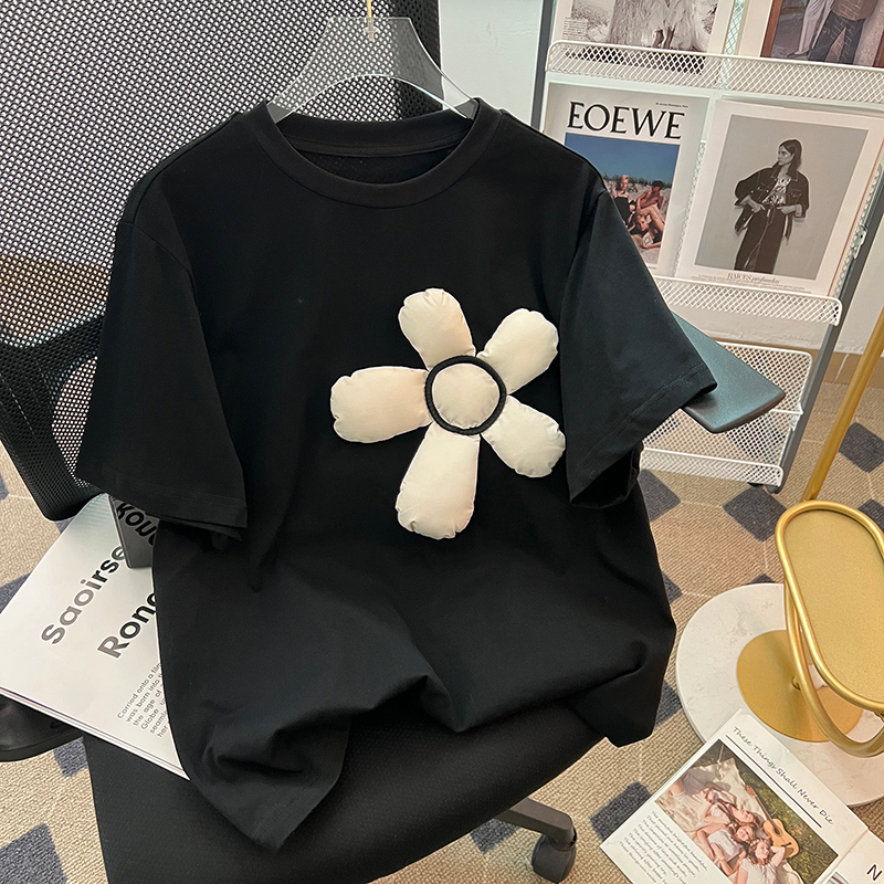 實拍  短袖t恤女夏立體裝飾圓領上衣大碼女裝