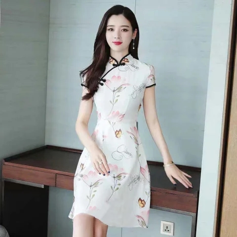 夏季新款復古改良旗袍印花氣質連衣裙女中國風修身顯瘦清新仙女裙