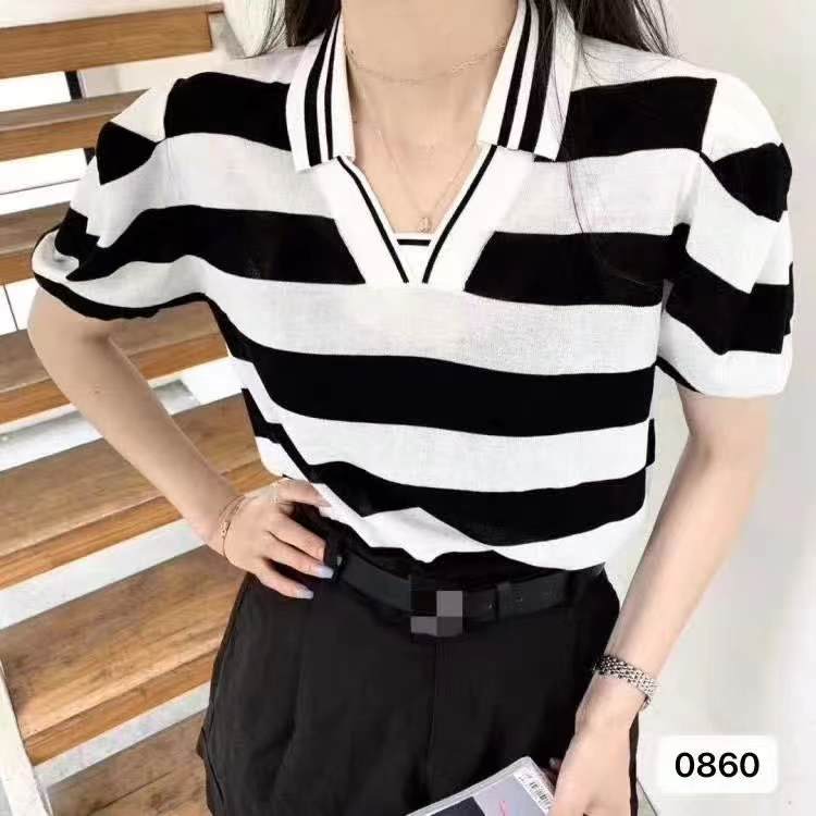 夏季新款復古翻領泡泡袖條紋寬鬆冰絲針織衫上衣女