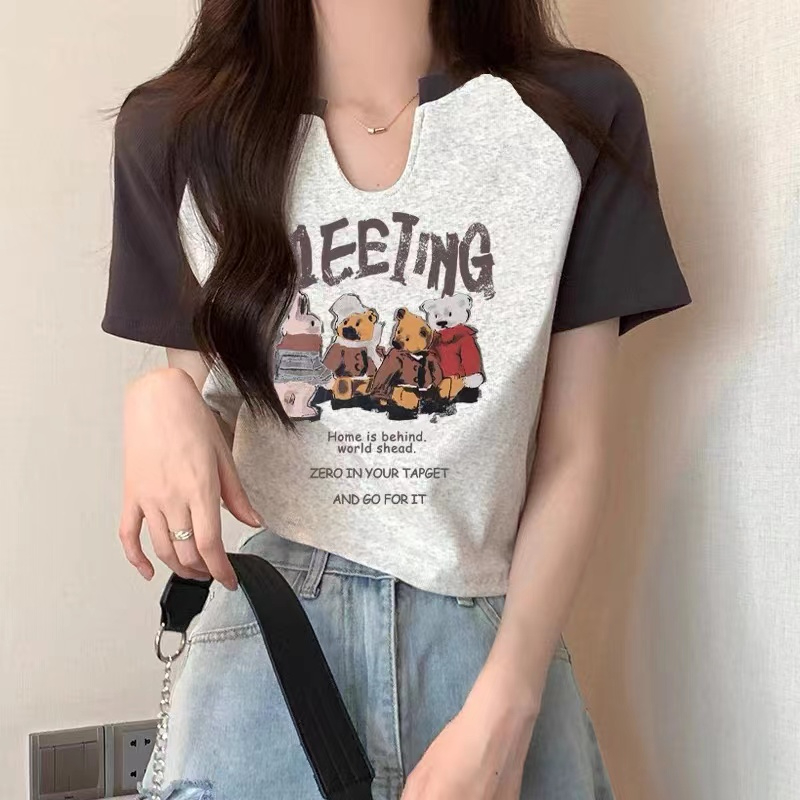 螺紋 小熊短袖t恤女夏新款韓版設計感小V領