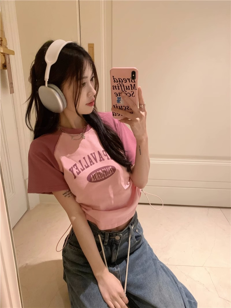 260隨心裁抽繩短款T恤女小眾印花辣妹修身夏季上衣