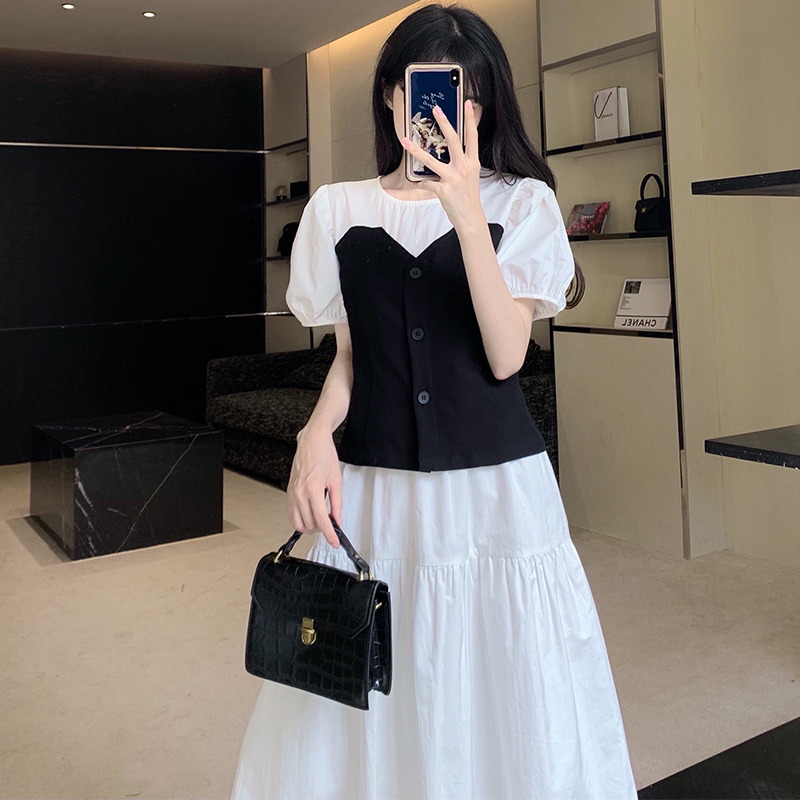 法式連衣裙女設計感撞色假兩件收腰顯瘦泡泡袖裙子