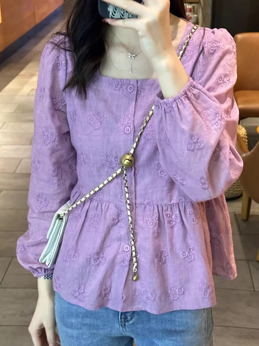 歐貨立體刺繡襯衫女春季小清新休閒百搭長袖方領別致娃娃衫上衣潮
