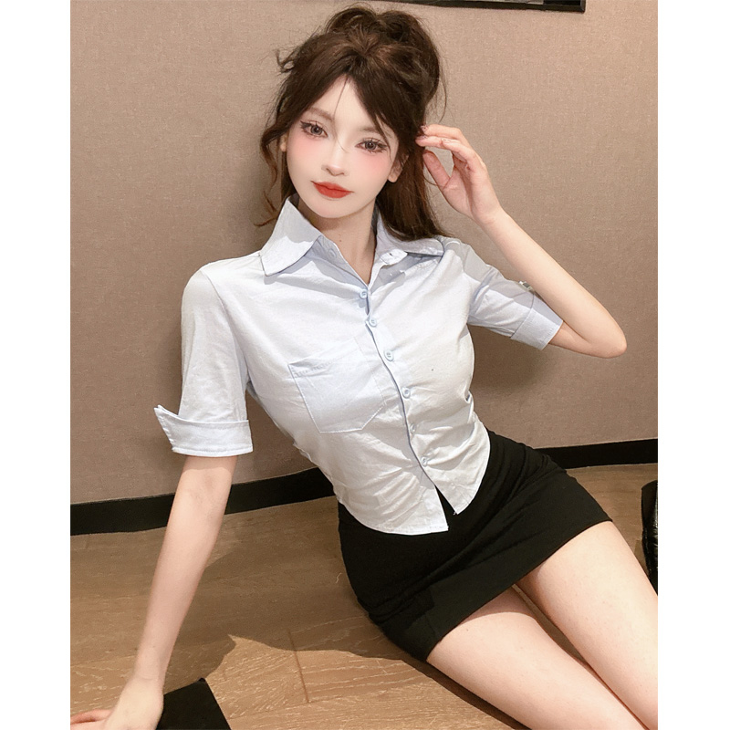 純欲收腰淺藍色襯衫女士性感短款設計感短袖修身襯衣包臀裙兩件套
