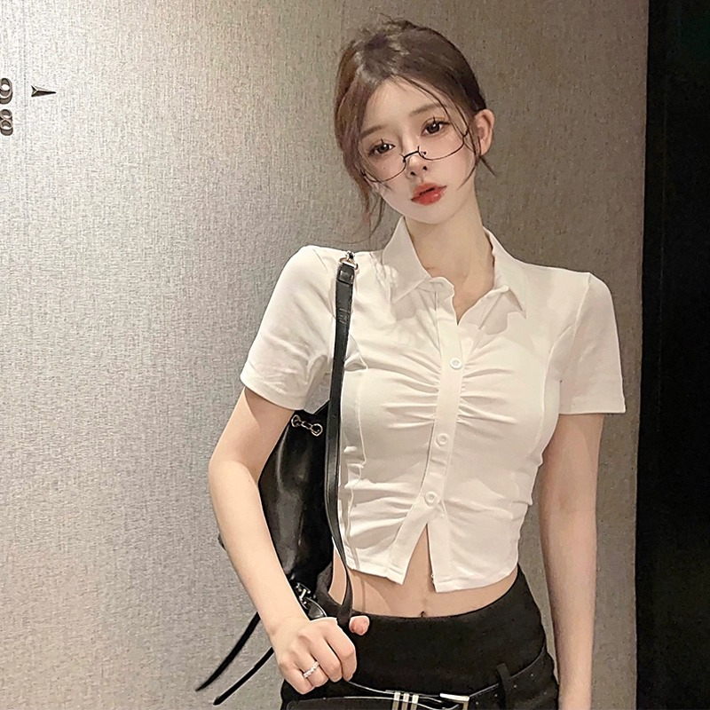 欲風辣妹正肩短袖襯衫女夏季修身設計感小眾褶皺收腰短款POLO襯衣