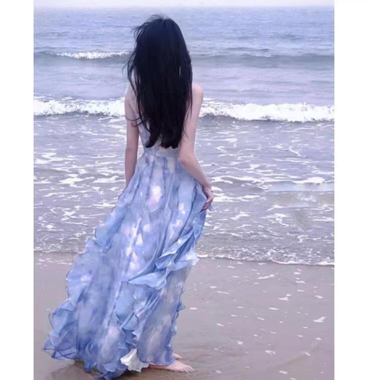 法式藍色抹胸連衣裙仙女夏高級設計性感小眾超仙公主海邊度假長裙
