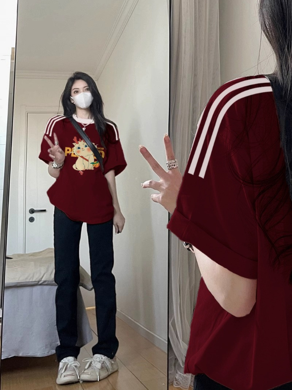 酒紅小眾不撞款上衣春夏新款oversize寬鬆國潮疏離感穿搭短袖t恤