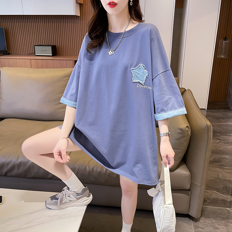 實拍2024夏季新款韓版寬鬆中長款刺繡短袖T恤女
