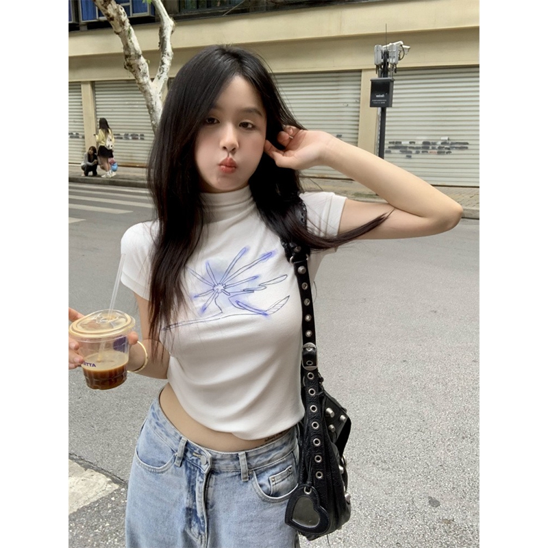 韓版短袖T恤女夏修身純色藝術繪畫動物夏季套頭半高領休閒