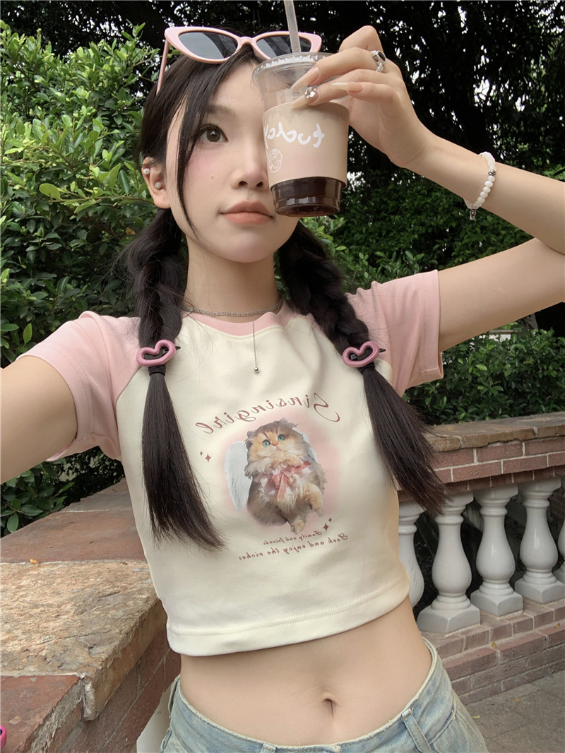 Actual Korean version of cute contrasting color cat print sweet short-sleeved T-shirt