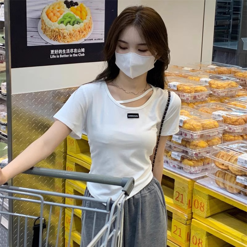 夏季韓版2024新款修身顯瘦百搭洋氣V領短款綁帶短袖T恤上衣女裝潮
