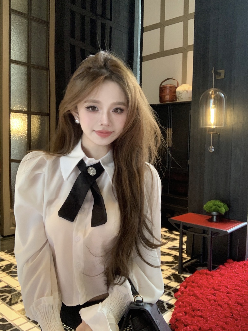 實拍 法式喇叭袖白色雪紡襯衫新款女裝領結設計感減齡氣質上衣