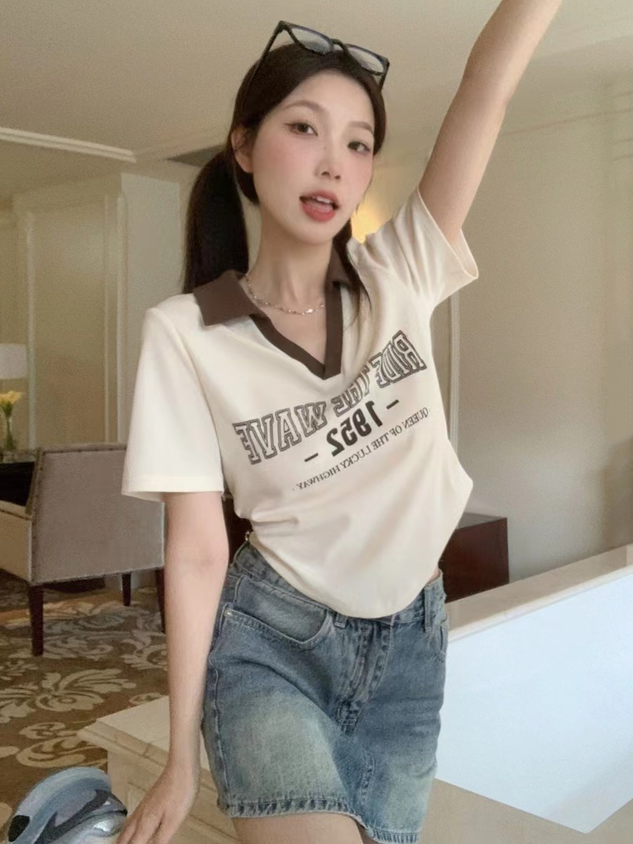 純棉 辣妹撞色polo領短袖t恤女夏印花修身短款正肩上衣