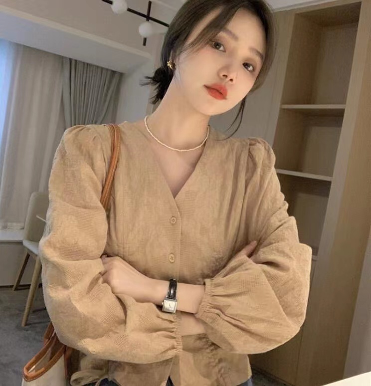 新款大碼女裝韓版修身顯瘦設計感V領抽繩長袖襯衣