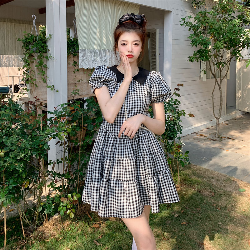 黑白格子圓領泡泡袖連衣裙女2024夏季新款法式復古別致短袖蓬蓬裙