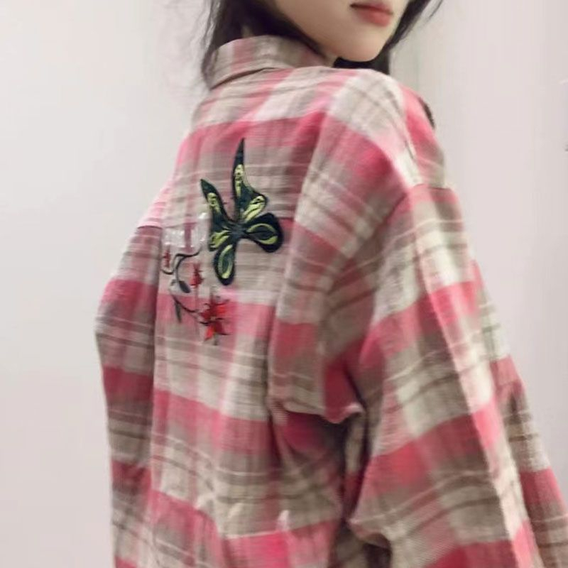 甜酷復古美式蝴蝶花藤刺繡粉色格子寬鬆襯衫開衫學生潮
