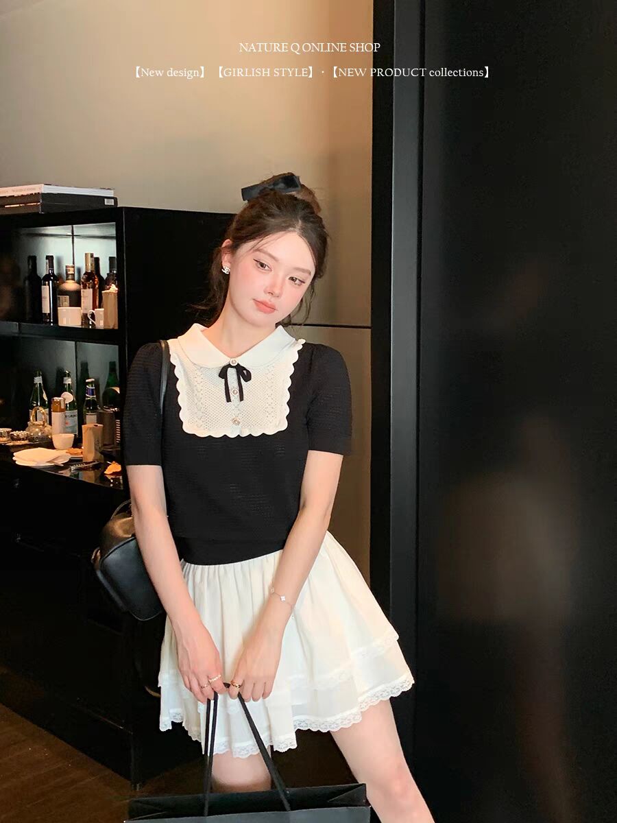 楊小卷 法式MIU系針織短袖T恤女娃娃領蝴蝶結上衣女甜美減齡Tee