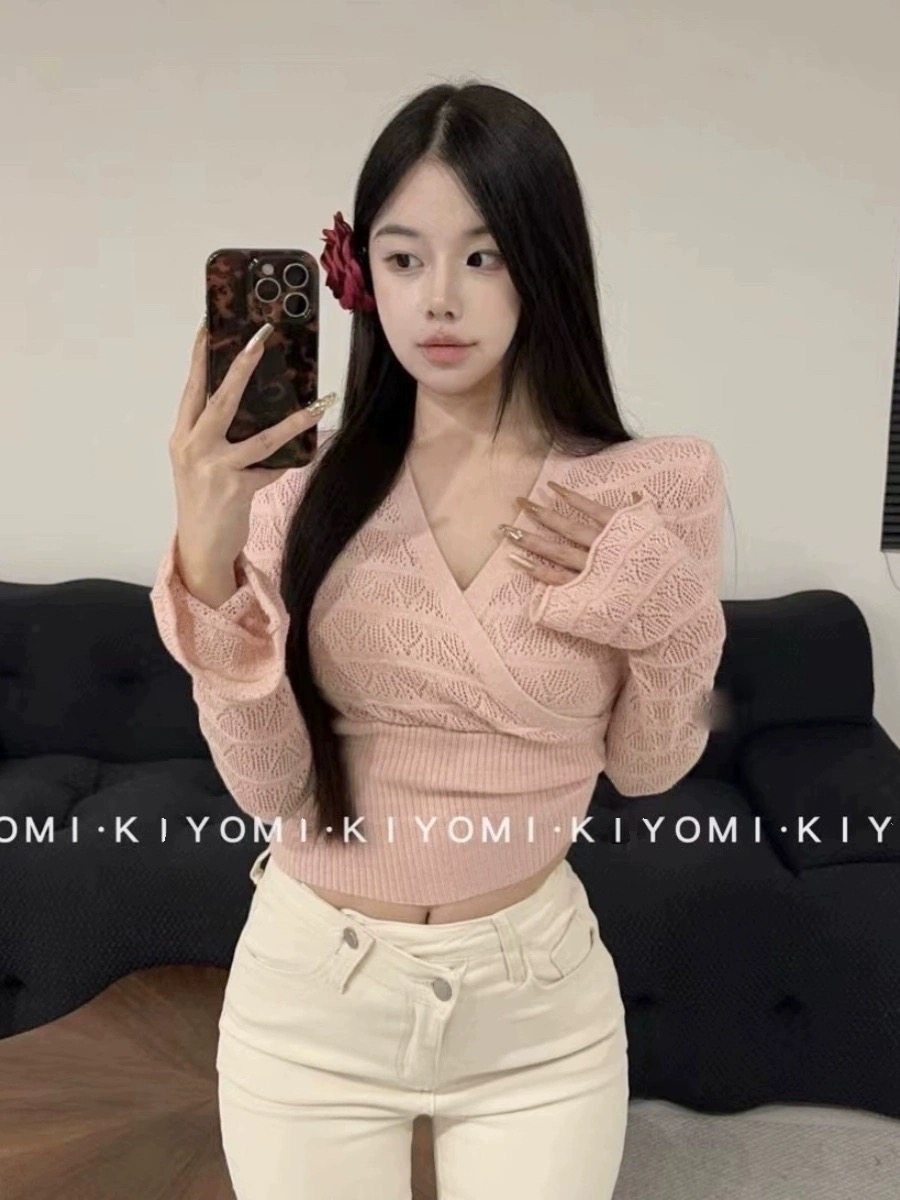 KIYOMI正版2024早春新款女純欲辣妹甜辣勾花微透喇叭袖高腰針織衫
