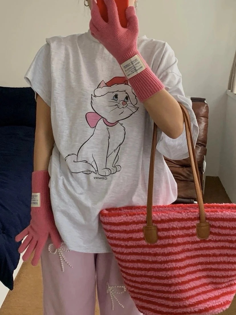 220克精梳緊密賽洛歐美chic趣味貓咪印花短袖T恤