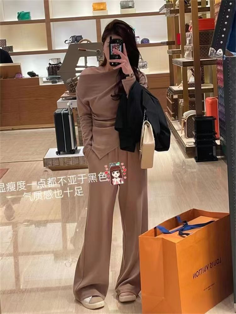 高彈力針織1*1羅紋人棉拉架2024春季新款不規則下擺上衣+長褲套裝